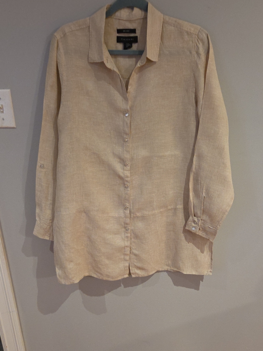 Tahari Beige Linen Button-Front  Shirt Size M